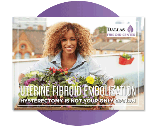 Uterine Fibroid Embolization ebook cover by Dallas Fibroid Center with a woman smiling and carrying flowers.